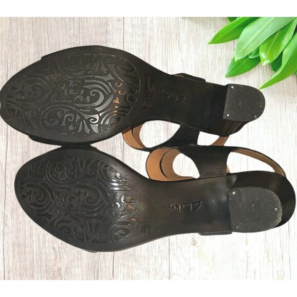 Clarks Artisan Block Heel Open Toe Double Buckle Strap Blk Leather Sandal 11M - Picture 10 of 13